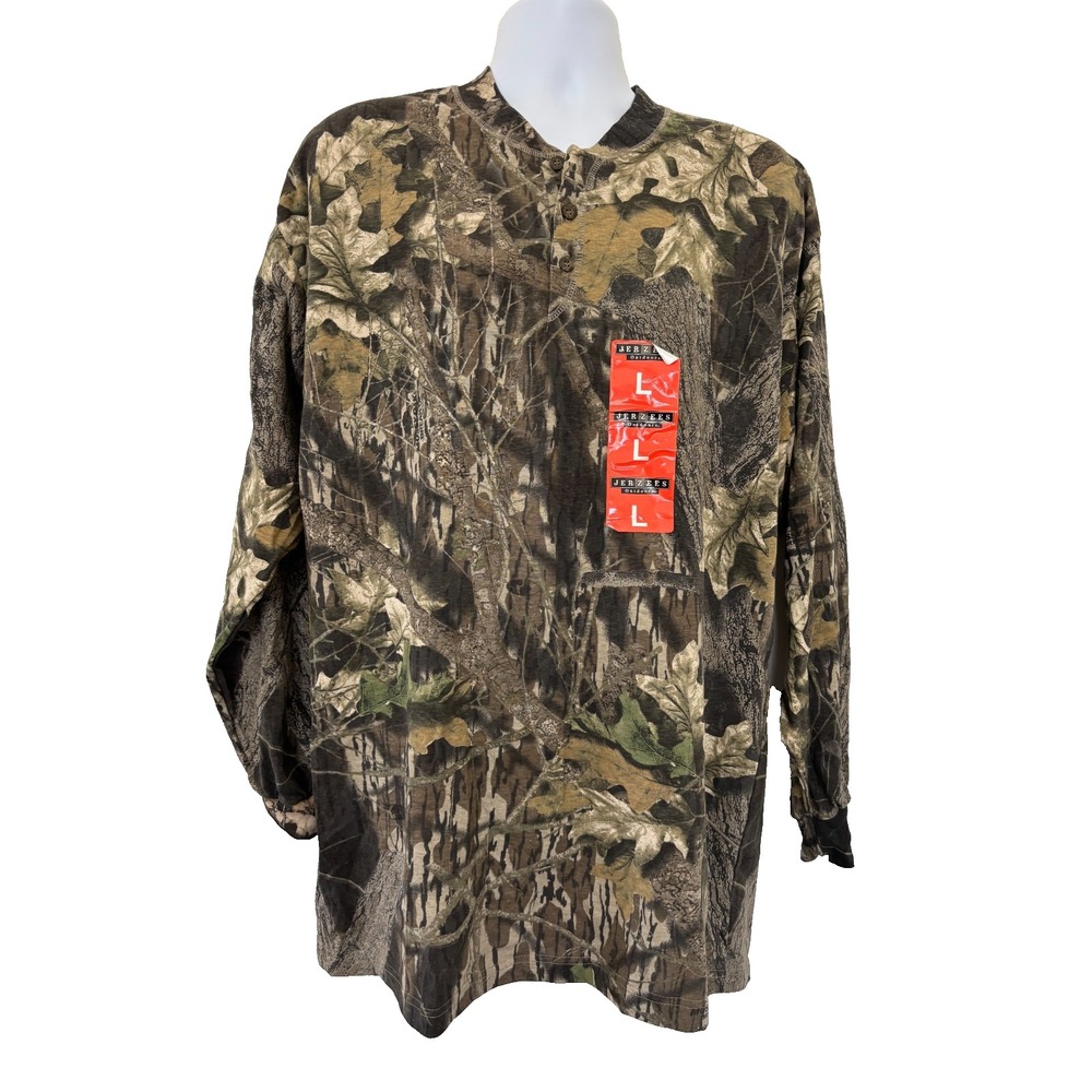 Jerzees Outdoor Camo Henley Shirt Large Mossy Oak Break Up Gorpcore Hike Y2K VTG